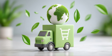 Green delivery truck with globe and leaves promoting e commerce green globe sustainabilityの素材