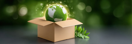 Green globe e commerce concept with moss planet emerging from cardboard box inspiring ecoの素材