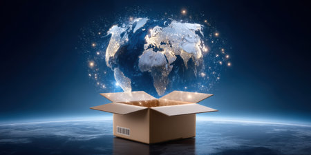 E commerce green globe emerging from cardboard box glowing night skyの素材