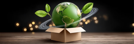 Green globe emerging from packaging symbolizes e commerce sustainability and eco friendlyの素材