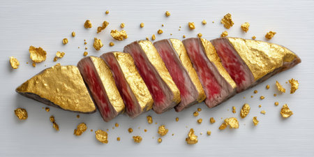 Gold leaf seared steak slices on white plate, luxurious gourmet presentationの素材