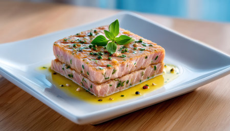 Seared salmon stack with herb oil and peppercorn garnish, fresh basil leaves adding aromaの素材