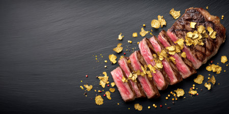 Juicy sliced steak with gold leaf flakes on slate, luxurious gourmet presentationの素材
