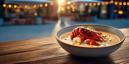Creamy lobster bisque garnished with herbs served in bowl at sunset outdoor diningの素材