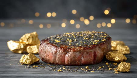 Seared steak fillet with black pepper crust and gold flakes, luxurious savory indulgenceの素材