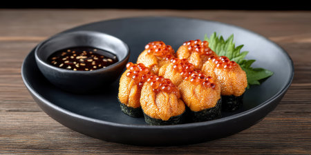 Uniquely textured sea urchin nigiri with salmon roe and soy dipping sauce, appetizingの素材