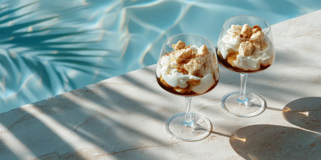 Tropical poolside dessert with cream and caramel, sunlit shadows and relaxed moodの素材