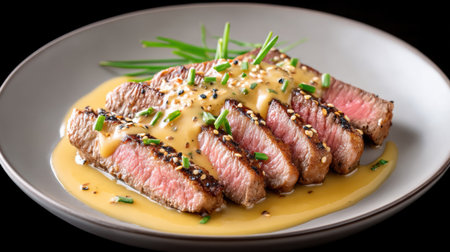 Seared sliced beef steak with creamy mustard sauce and chive garnish, appetizing presentationの素材