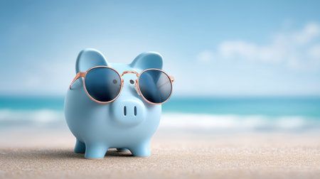 Stable financial piggy bank on sunny beach wearing sunglasses evokes summer saving calmの素材