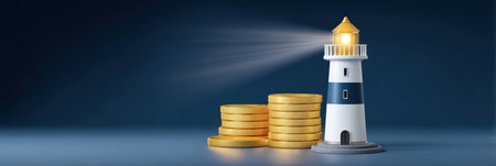 Stable financial lighthouse guiding golden coin stack and calm sea lightの素材