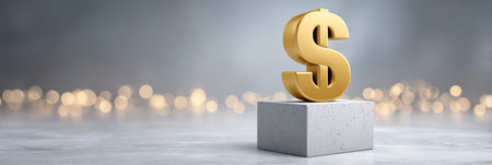Gold dollar symbol on pedestal conveys stable financial success and confident economic growthの素材