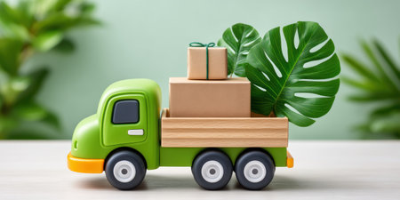 Green toy truck carrying cardboard box and tropical leaf e commerce sustainable delivery conceptの素材