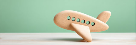 Wooden toy airplane on pastel background e commerce playful travel conceptの素材