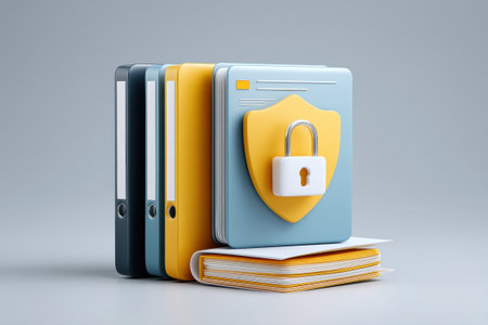 Data secure file archive with shield and lock protecting documents calm office sceneの素材