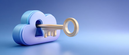 Cloud lock with golden key securing data and digital privacy in blue gradient sceneの素材