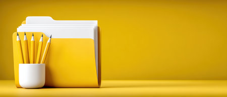 Yellow office folder with documents and pencils arranged neatly conveying organized dataの素材