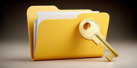 Data secure folder with golden key symbolizing access and protection of informationの素材