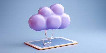 Data cloud concept with pastel cloud connecting to tablet conveying storage and accessの素材