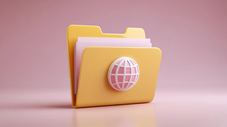 Data pastel yellow folder with globe emblem and pink documents on soft pink backgroundの素材