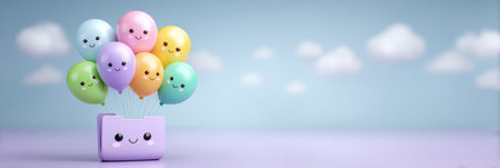 Data cheerful pastel balloons with smiling faces rising from cute box in soft skyの素材