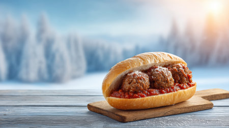 Meatball sandwich with tomato sauce and grated cheese on wooden board in winter food sceneの素材