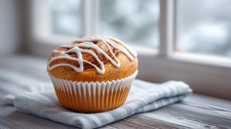 Warm muffin with icing on napkin evokes cozy food winter morning by frosted windowの素材