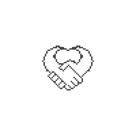 Handshake heart, love deal. Pixel art line vector icon illustrationのイラスト素材