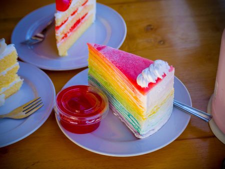 rainbow crape cake. foods that are colorful and awaken the senses.の写真素材