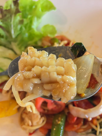 close up of squid on spoon. Stir-fried Spicy Spaghetti Seafood Thai Style (Pad Kee-Mao Spaghetti).の写真素材
