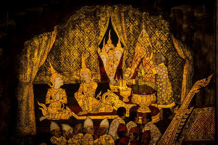 ancient thai painting on wall in thailand buddha templeのeditorial素材