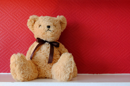 Teddy bear brown color sitting on Red wall backgroundの写真素材