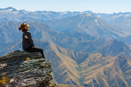 girl hiker on Ben Lomond, Queenstown, New Zealandの写真素材