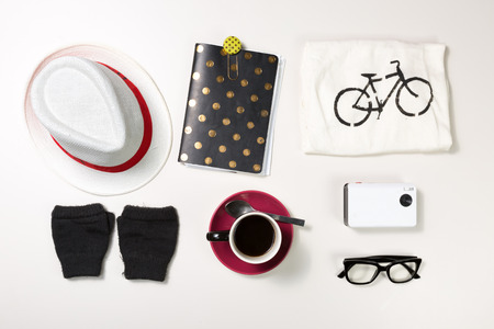 collection of woman accessories and coffee isolated on whiteの写真素材