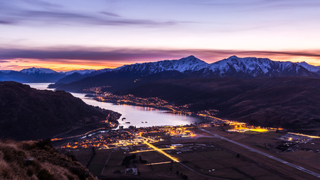 aerial view of Frankton and Lake Wakatipu at twilight  Queenstown, New Zealandの写真素材
