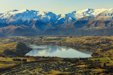 aerial view of Frankton and Lake Wakatipu from the Remarkables Mountain,  Queenstown, New Zealandの写真素材