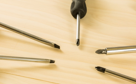 screwdriver set on wood tableの写真素材