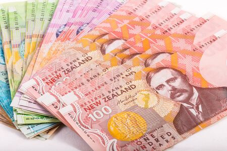 Collection of Dollar notes in New Zealand currency isolated on whiteの写真素材