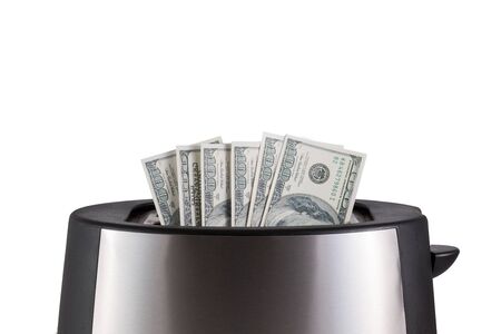 Metal toaster isolated on whiteの写真素材