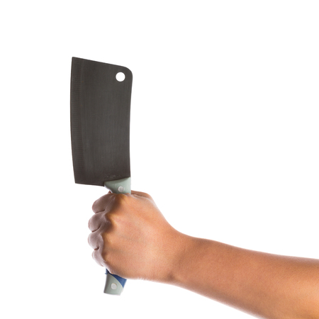 hand holding chopping knife isolated on whiteの写真素材