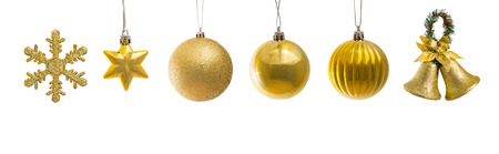 set of golden christmas decoration isolated on whiteの写真素材