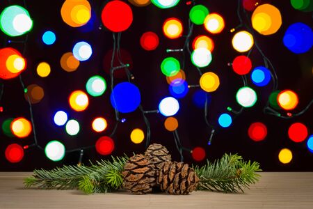 pine cones and branch with defocused lights backgroundの写真素材
