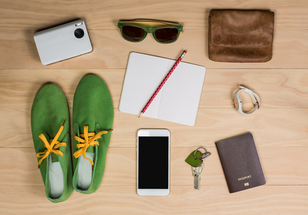 overhead shot of woman stuff on wooden backgroundの写真素材