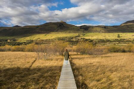 woman walks along boardwalk/path traverses wetlands just north of Glenorchy, New Zealandの写真素材