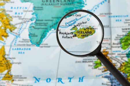 map of Iceland through magnifying glassの写真素材