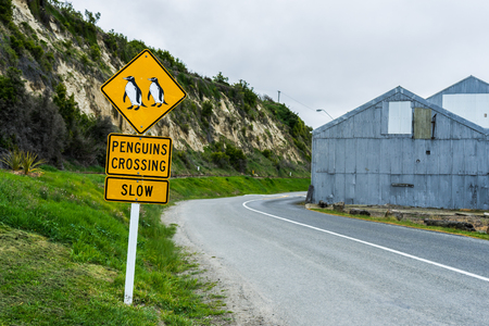 Penguins crossing traffic sign in Oamaru, New Zealandの写真素材