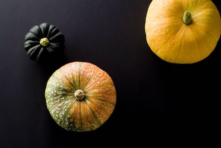 pumpkins isolated on black backgroundの写真素材
