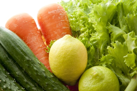 fresh various vegetables, cucumber, ccarrot, lettuce, asparagus and lemonの写真素材