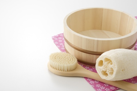 towel, keg, soap and brush of bath imageの写真素材