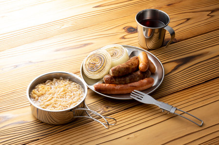 Camp Cooking Sausages and Instant Noodlesの写真素材