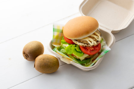 Hamburger steak eaten at a picnicの写真素材